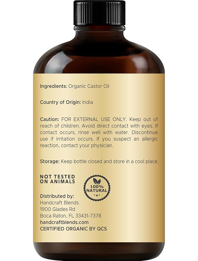 Handcraft Blends Cold-Pressed Organic Castor Oil 4 Fl Oz | Glass Bottle | Lash Brushes | 100% Pure and Natural | Premium Grade Carrier Oil | Hair, Eyelashes and Eyebrows | Hair and Body | Cold-Pressed