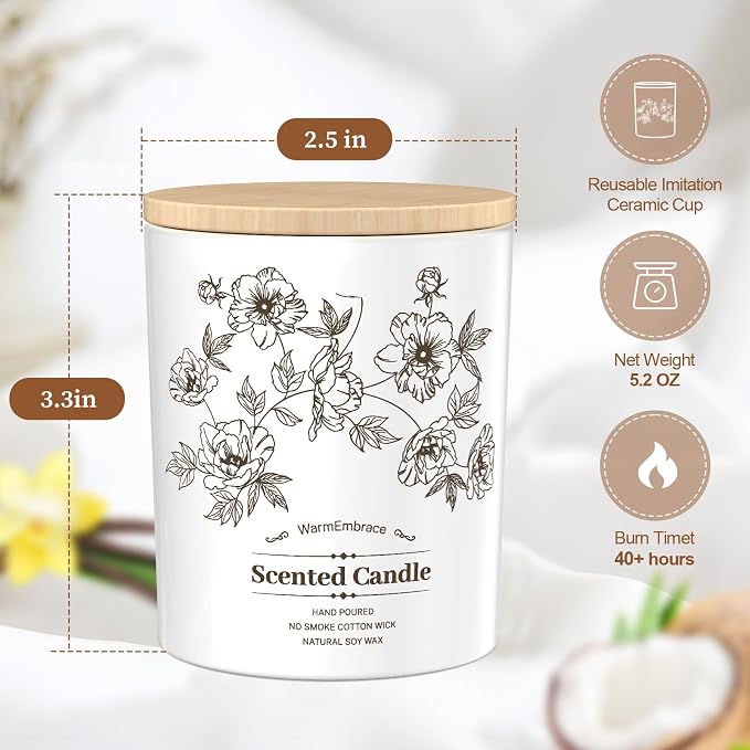Deluxe Scented Candle for Women & Men, Vanilla Coconut Soy Wax Candle, 5.2 Oz Jar Candle for Home, Scented-40 Hour Long Lasting Burning, Suitable Present for Thanksgiving, Christmas & Birthday