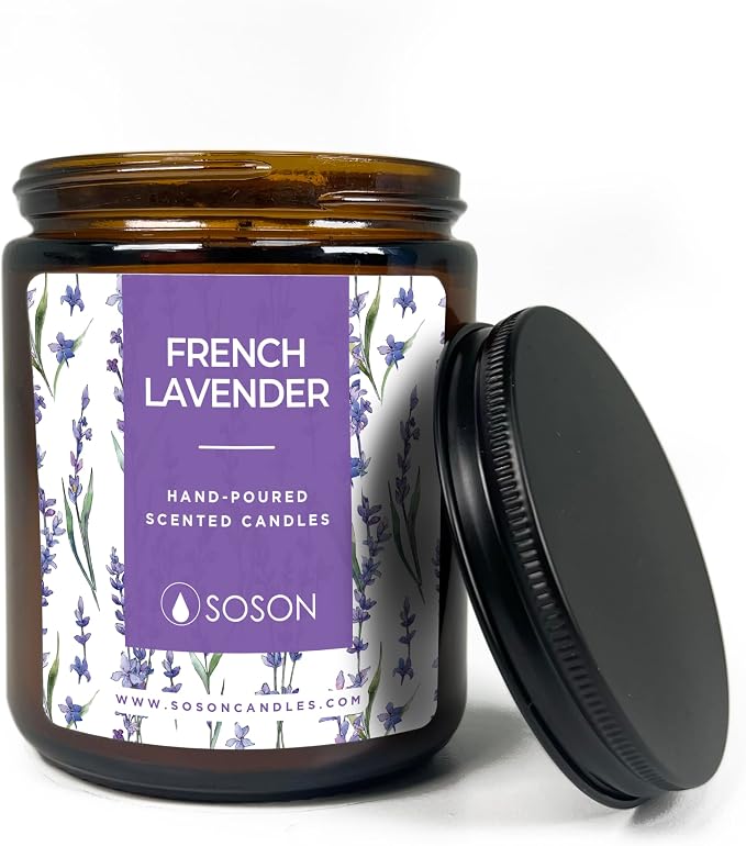 Simply Soson 9 oz Lavender Scented Candle for Home - Amber Glass Jar - 50 Hour Long Lasting Candles - Scented Candles Gifts Set for Birthday, Valentine, Anniversary, Dinner, Parties