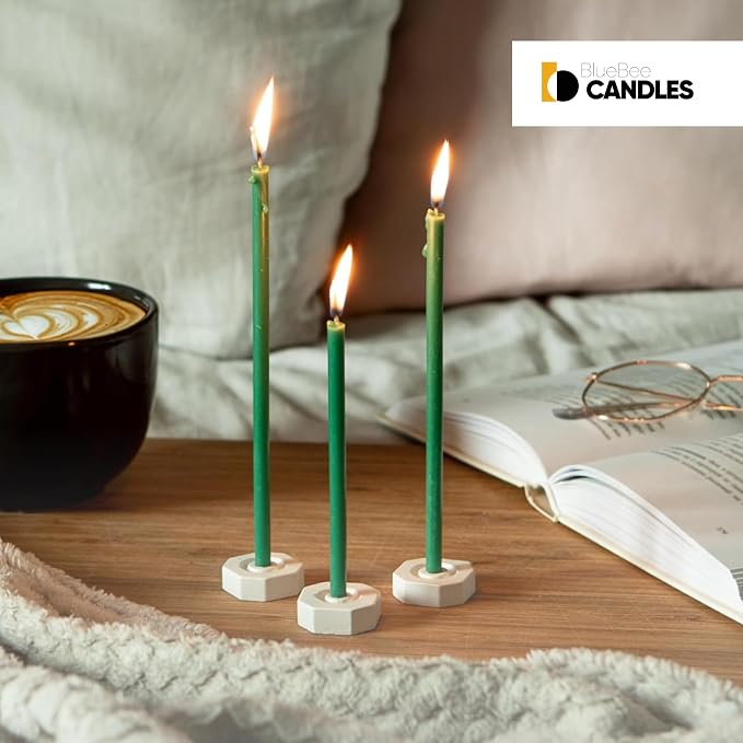 BlueBee Pure Beeswax Candles Bulk for Home - 40pcs Tall Thin Taper Candles + 2 Holders, Honey Scent, Smokeless, Long-Burn, All Natural for Church Prayer, Hanukkah, Birthday Cake, Christmas Advent
