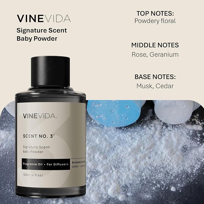 VINEVIDA [4 Fl Oz] Baby Powder Fragrance Oil for Cold Air Diffusers, Essential Oils for Diffuser Oil Refill & Air Freshener Room Spray