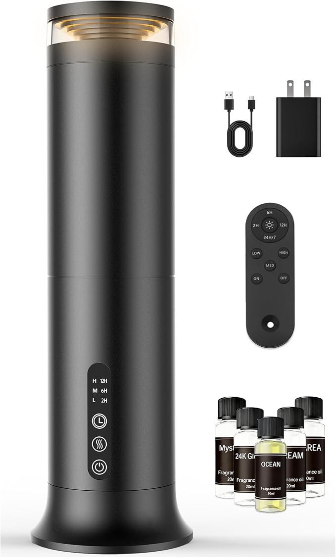 Waterless Essential Oil Diffuser, 1200 Sq Ft Nebulizing Scent Air Machine, Remote Control, Ultra-Quiet Dry Mist Aromatherapy Diffuser for Large Home Office Hotel Spa, 5 Oils Starter Kit Included