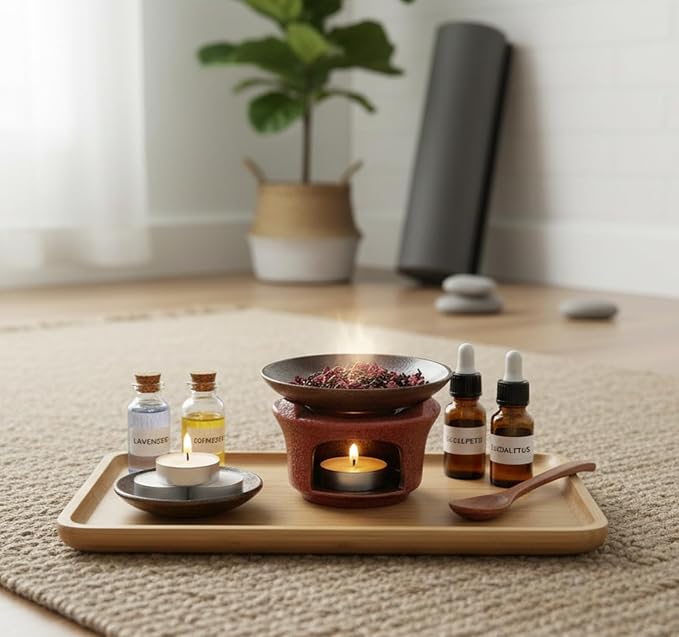 Ceramic Incense Burner Kit, No Electricity Needed,Zen-Inspired Aromatherapy Oil Burner with Rustic Terracotta Glaze, Perfect for Home, Office, Yoga & Meditation (Reddish Brown)
