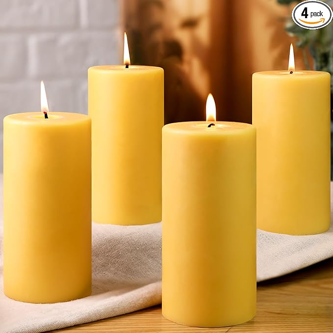 Natural Beeswax Candles Pillar 3x6 Inch, 4 Packs, Large Pure Beeswax Pillar Candles for Emergency Prayer Home Decor, 100 Hours Long Burning Time Bees Wax Candle for Relax, Smokeless & Dripless