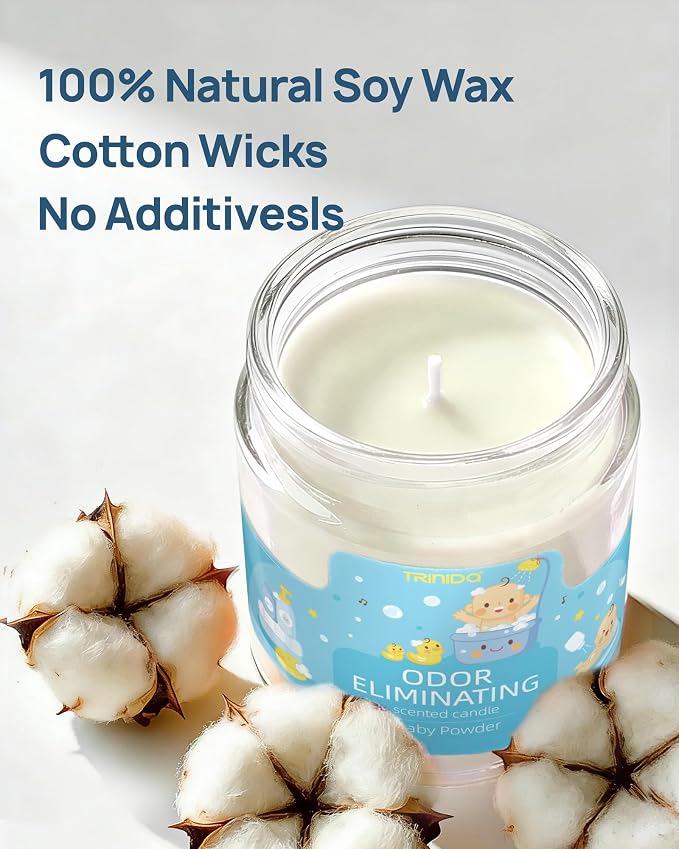TRINIDa Baby Powder Odor Eliminating Candles for Home Scented, Eliminates 99% of Pet, Smoke, Food and Other Smells Quickly, Highly Fragranced Candle, Premium Soy Candles Set for Women