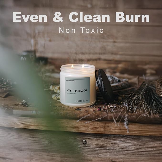 Hidden Label Anti Tobacco Soy Candle, 12oz 2-Wick, 70H Smoke Eliminator | Non-Toxic Natural Wax, Paraben & Phthalate-Free, Clean Burn | Powerful Odor Neutralizer | Masculine Decor & Gift-Ready