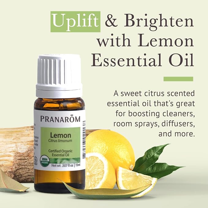 Pranarom USDA Certified Organic Lemon Essential Oil (15ml), 100% Pure Undiluted Therapeutic Grade from Argentina for Aromatherapy, Diffuser, DIY, Cleaning, Fresh Lemon Scent