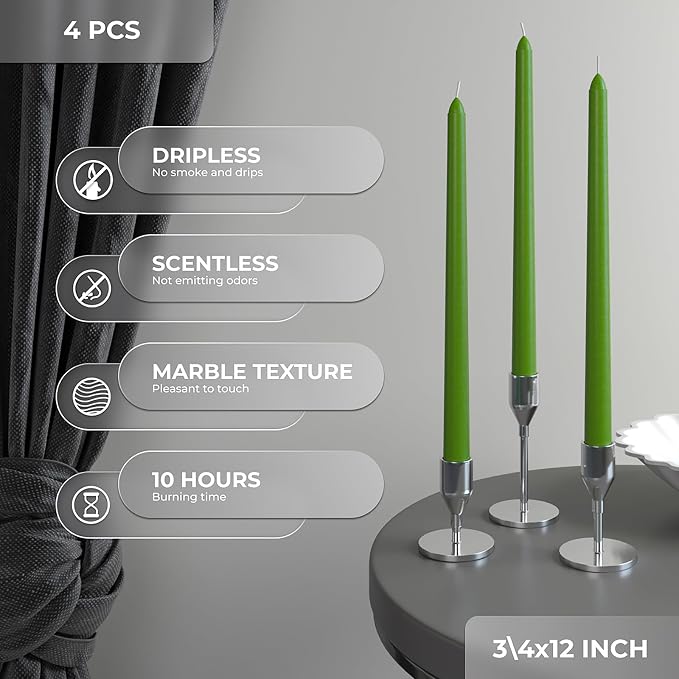 CANDWAX 12 inch Taper Candles Set of 4 - Dripless, Unscented, Long Burning Dinner Candles - Grass Green Candles