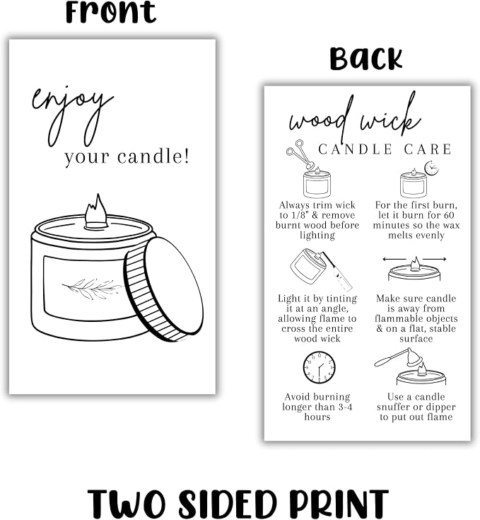 Wooden Wick Candle Care Instruction Cards 50pk 2x3.5” Wood Burning Custom Warning Label How To Cut Wick for Customers Thank You Cardstock