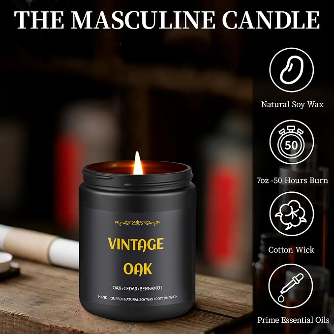 Vintage Oak Candle, 7 oz Scented Candle for Men, Soy Candles for Home Scented, Masculine Jar Candle for Him, 50 Hours Burning Time Mens Candle Gift for Boyfriend, Father, Birthday Present Giving