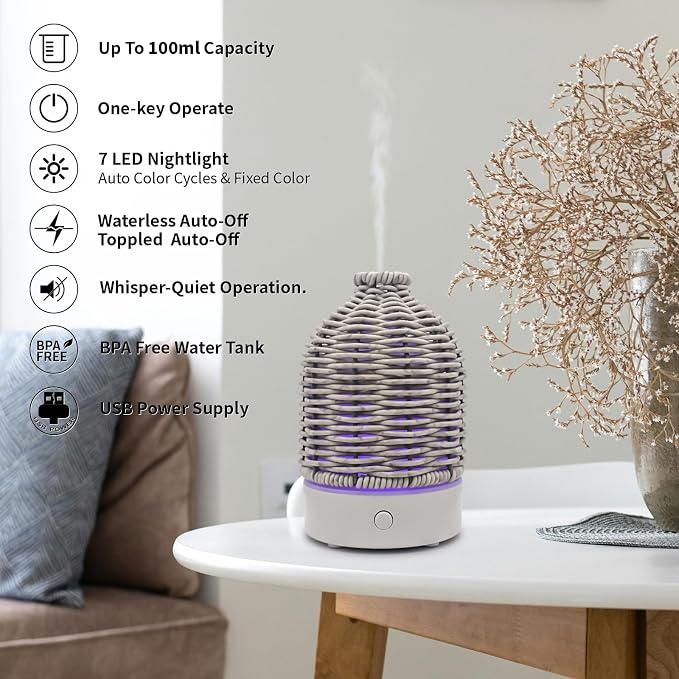 VICTORIA AROMA Essential Oil Diffuser - Multifunction Aromatherapy Diffuser 7 LED Color Changing Light 100ML Rattan Diffuser Easy to Clean Suitable for Home,Office (Grey)