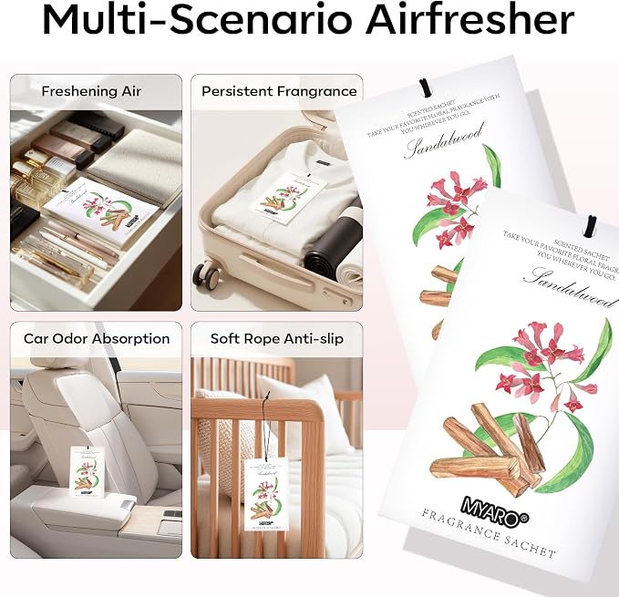 MYARO 12 Pack Sandalwood Scented Sachets for Drawer, Closet & Small Spaces Air Freshener Bags, Odor Eliminator for Clothes, Car, Wardrobe, Home Fragrance Gift Set
