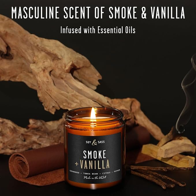 Smoke and Vanilla Candle I Scented Black Candles for Men or Women - Fire Wood, Vanilla & Smoke Soy Wax Mens Candle - Infused w/Essential Oils | Long-Lasting 50Hr Burn, 9oz I Non Toxic I Made in USA