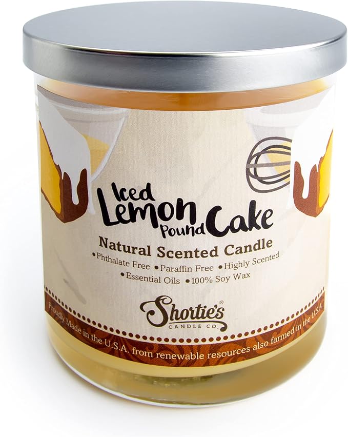 Iced Lemon Pound Cake Scented Natural Soy Candle, Essential Fragrance Oils, 100% Soy, Phthalate & Paraben Free, Clean Burning, 9 Oz.