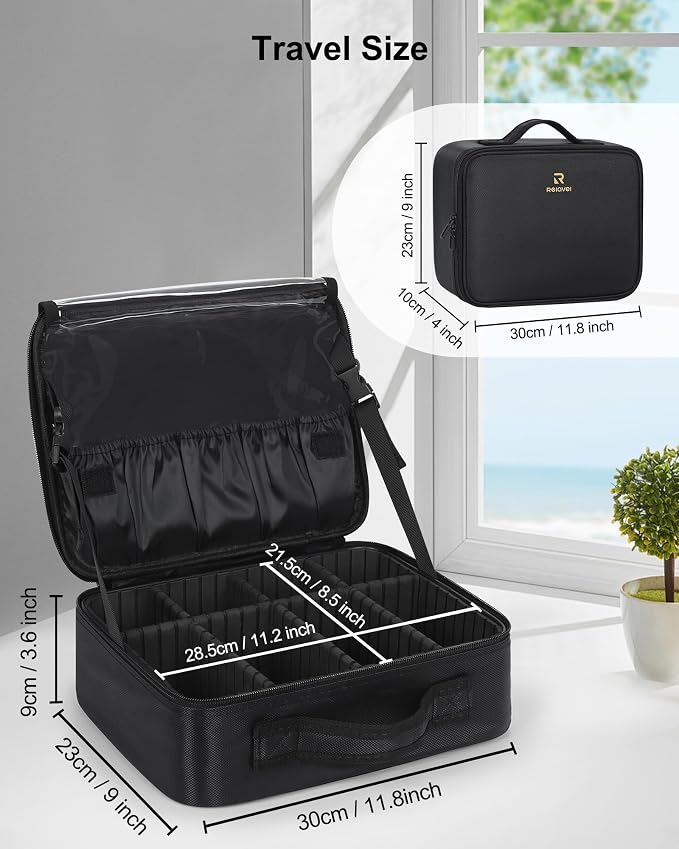 Relavel Makeup Bag Large Cosmetic Bag Travel Train Case Toiletry Bag for Women with Adjustable Dividers, Travel Essentials Organizer Case Storage Box for Skincare, Brushes, Black