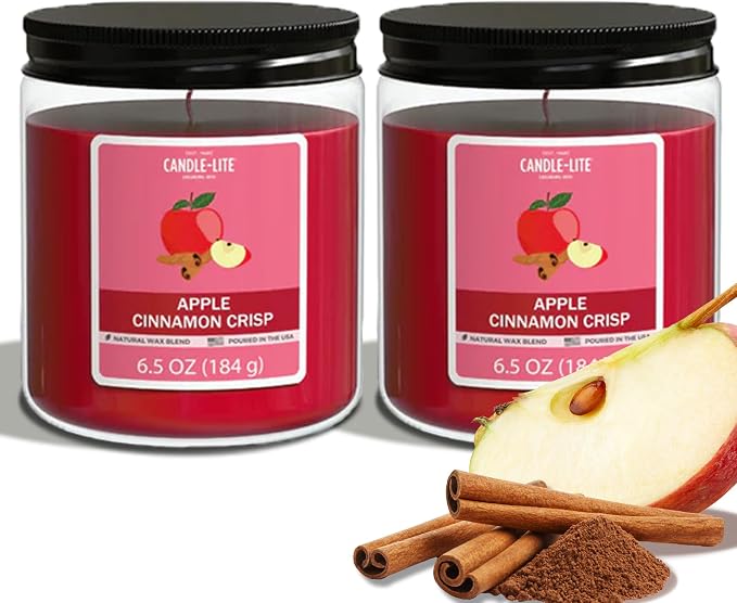 Candle-Lite 2 Pack Scented Candles, Apple Cinnamon Crisp, 6.5 oz Jar, Proudly Poured in The USA, Aromatherapy Candle Set, Single-Wick with 40 Hours of Burn Time, Ideal Gift for Men and Women