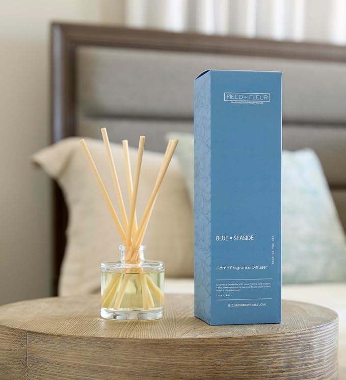 Field + Fleur - Reed Diffuser Set - Home Fragrance Diffuser - Refresh Home, Bedrooms, Bathrooms & More - Notes of Citrus, Oceanic Breeze & Sugary Coconut - Made in the USA - Blue Seaside Scent - 4 oz