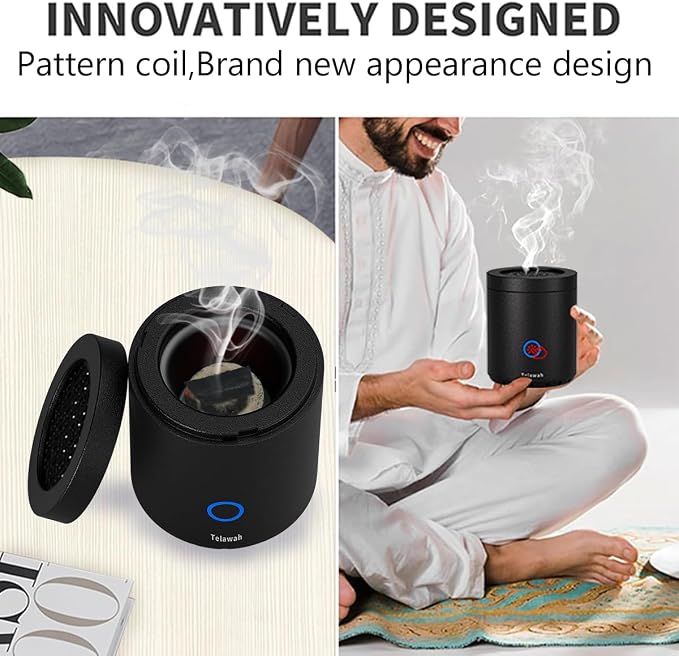 Portable Incense Burner, Mini USB Type-C Charging Car Aromatherapy Diffuser, 7.8 * 7.8 * 9.6cm Charcoal Igniter, Burning Time 120 Seconds Best Arabian Gift (Black)