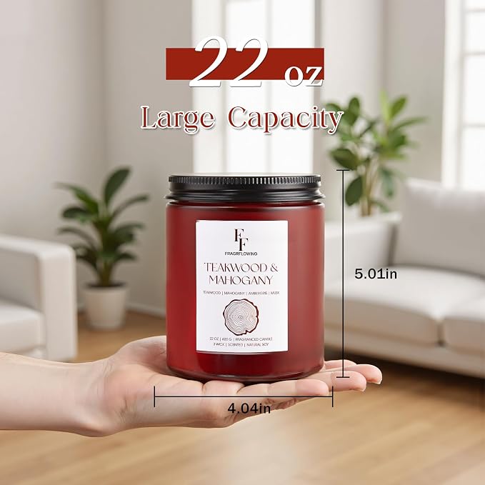 Teakwood & Mahogany Large Christmas Scented Candle, 3-Wick 22oz Long Lasting Scented Candle, Natural Soy Wax Aromatherapy Candle for Home, Holiday Candle Gifts for Women Men