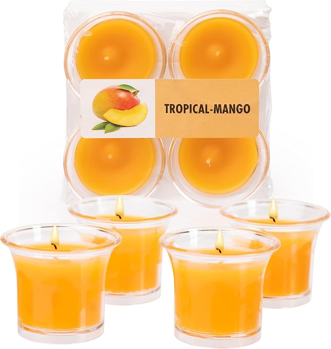 Hyoola Clear Cup Scented Votive Candles - Tropical Mango - 12 Hour Burn Time - 4 Pack - European Made
