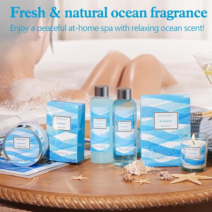 Bath and Body Gift Set for Women, Body & Earth Ocean Gift Basket, 7 Pcs Bath Sets for Women Gift with Bubble Bath, Body Lotion, Scented Candle, Spa Kit for Her, Mother's Day Gifts for Mom