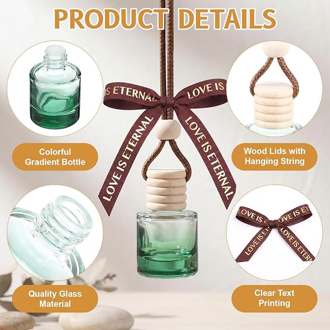 Mudder 50 Pcs Gradient Hanging Car Air Freshener Car Diffuser Bottle Pendant Empty Glass Perfume Bottle for Essential Oil Fragrance Aromatherapy Ornament Wedding Employee Gifts(Cylinder,Colorful)