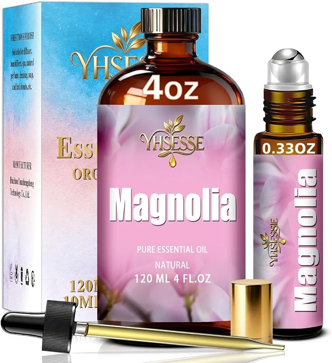 Magnolia Essential Oil, Magnolia Oil 4 Fl Oz 120ml for Diffuser Yoga Soap & Candle Making – with 0.33 Oz Roller Ball & Dropper YHSESSE Essential Oils