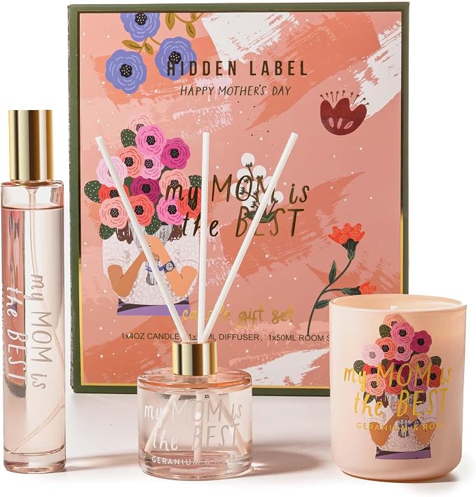 Hidden Label Soy Candle Set: Geranium & Rose 'Best Mom' Gift with Reed Diffuser & Room Spray