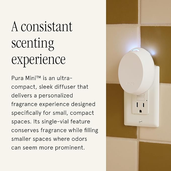Pura Home Mini Fragrance Diffuser for Small Spaces Adjustable Smart Home Device with LED Light & Automatic Vial Detection - Includes 1 Scent Refill - White Tea no.1