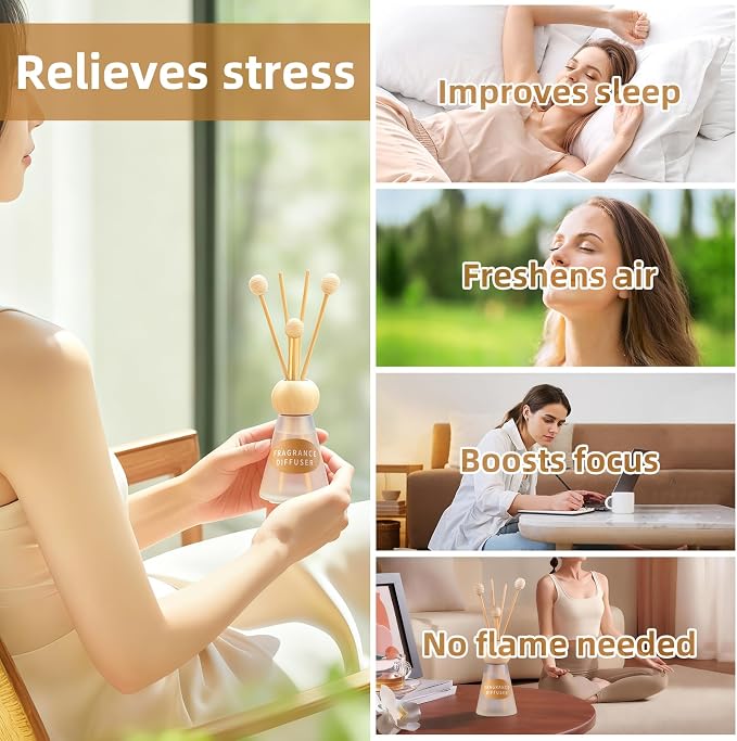 Reed Diffuser Set, Evening Gardenia Scent with Reed Sticks, 1.7 fl oz / 50ml Cone-Shaped Bottle with Round Wooden Cap, Ideal for Bathroom, Bedroom, Office, Home Fragrance for Shelf Decor Air Freshener