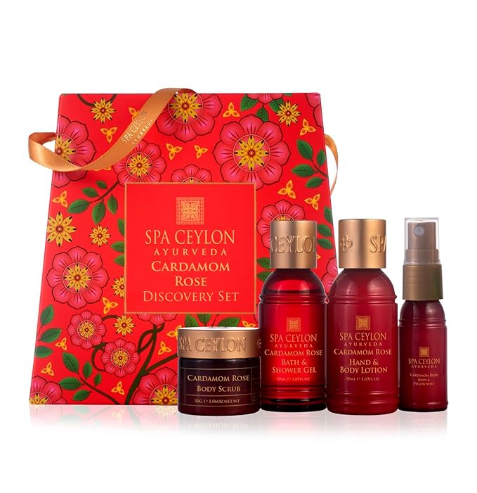 Spa Ceylon Ayurveda Cardamom Rose Discovery Set – 4-Piece Natural Uplifting Spa Gift Set with Himalayan Rose & Organic Ceylon Cardamom - Bath Gel, Body Lotion, Pillow Mist & Scrub