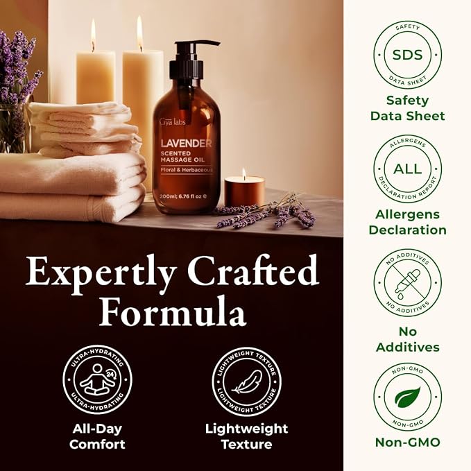 Gya Labs Lavender Massage Oil - 6.76 Fl Oz - Ultimate Relaxation for Body and Mind, Lavender Scented Massages for Total Body Comfort - Non-Greasy Formula, Non-Gmo And Cruelty-Free