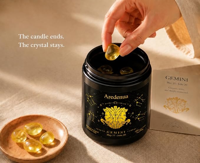 Gemini Birthday Gifts for Women | Zodiac Crystal Candle with Genuine Citrine Healing Crystals, Lemon Scented Soy Candle 7oz 50 Hour Burn for Anxiety Relief, Unique Astrology Gifts for Gemini