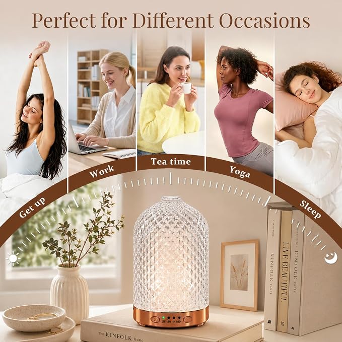Essential Oil Diffuser, 120ML Glass Aromatherapy Diffuser with 7 Color Lights & Timer, Ultrasonic Small Humidifier with Auto Shut-Off for Home Office Bedroom (Glass-Diamond)