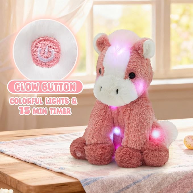 WEWILL 12'' Light up Horse Stuffed Animal Plushie Horse Plush Toy Night Lights Glowing Soft Pony Plush Birthday Children's Day Gifts for Kids,Girls,Boys