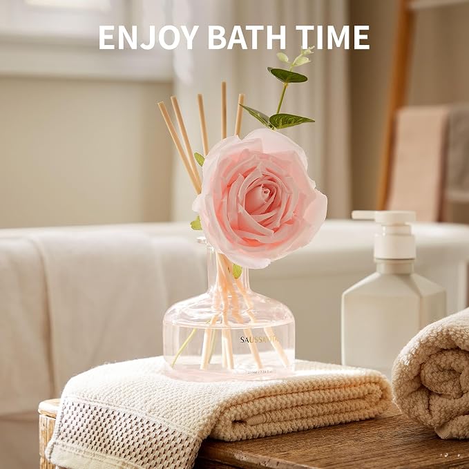 Reed Diffusers Set Rose Scent, Reed Diffuser for 120 Days, Diffusers for Home Pink Bottle,Bathroom Diffuser with 7 Sticks, Home Decor, Shelf Decor