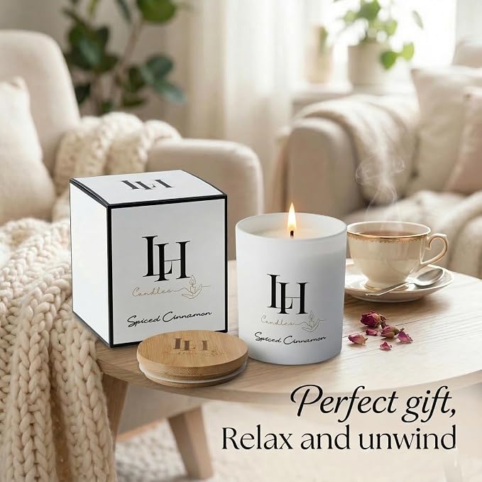 LH Spiced Cinnamon Scented Candles 10.6 oz – Romantic Candle for Home Ambience, Warm Cinnamon Aroma, Aromatherapy Jar Candle Cozy Decor Gift for Women or Men Relaxing Fragrance