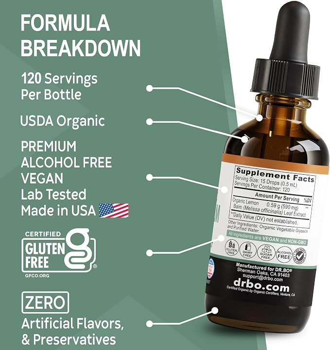 Organic Lemon Balm Extract Tincture - Organic Lemon Balm Leaf Liquid Extract Drops Oil Melissa Officinalis, Calm Relaxation Tea Supplements - Vegan Liquid Drops Tincture Supplement, Kids & Adults 2oz