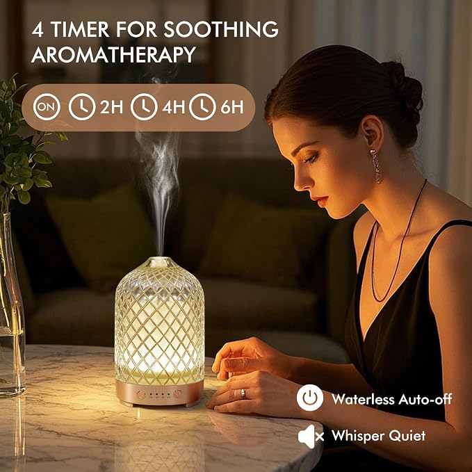 Essential Oil Diffuser for Home- 200ml Aromatherapy Diffuser for Essential Oils with 4 Timer, 7 Color LED Lights Waterless Auto Shut-Off for Home Office Décor Gifts for Women