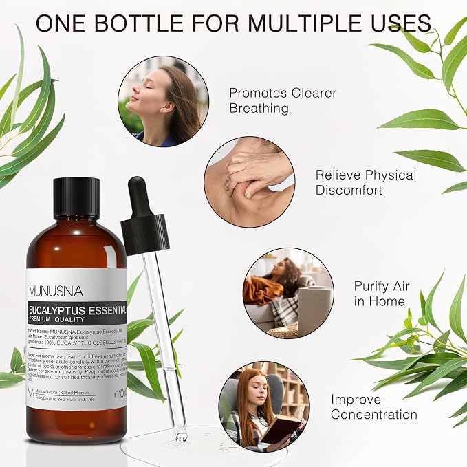 Eucalyptus Essential Oil, Premium Grade Pure Eucalyptus Oils 100ML, 100% Natural Aromatherapy Essential Oil for Shower, Skin, Diffuser, Massage, Candle, Soap, Bath Bombs Making