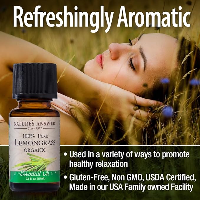 Nature’s Answer USDA Organic Lemongrass Essential Oil, 100% Pure | Natural Aromatherapy Oil for Diffuser/Humidifier, Steam Distilled 0.5 fl oz. (15ml) | Made in USA