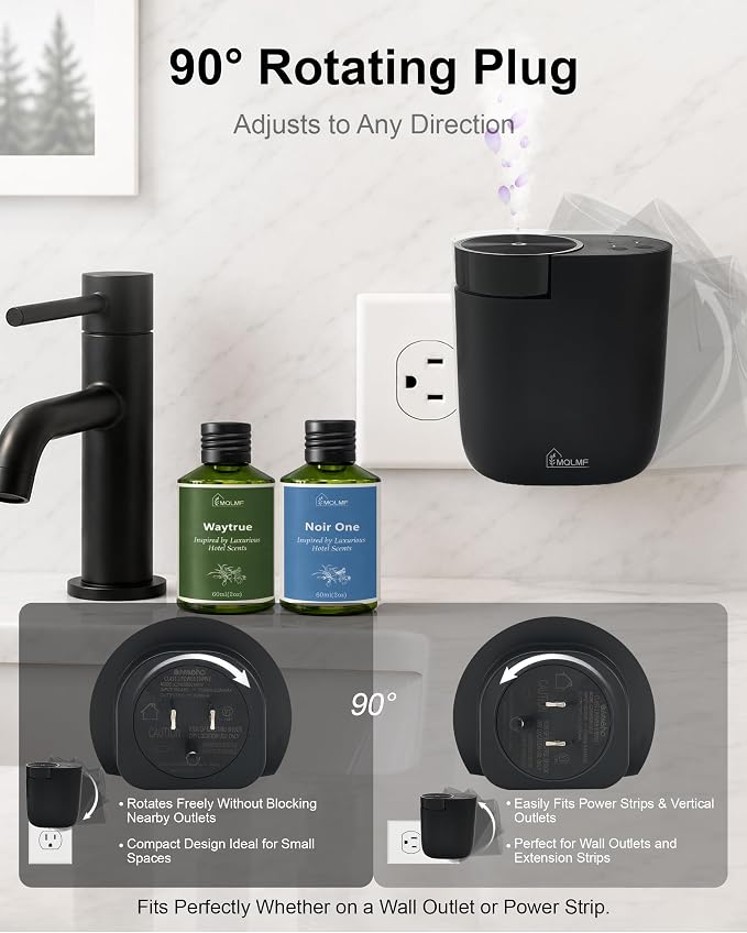 Waterless Plug in Diffuser, 800 Sq Ft, No Wobble Secure Wall Fit, Adjustable Timer & Scent Intensity,App Control,Essential Oil Plug in Wall Diffuser, Includes 3 x 20ml Fragrance Oils - Black