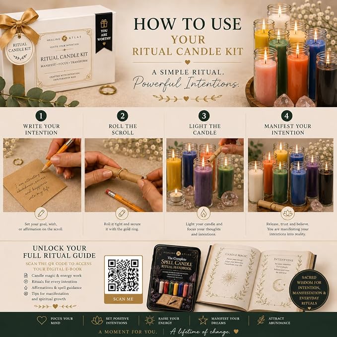 Red Passion Manifestation Candle Kit – 8" Ritual Prayer Candle with Intention Scrolls, Pencil & QR Guide for Passion, Confidence, Motivation & Strength