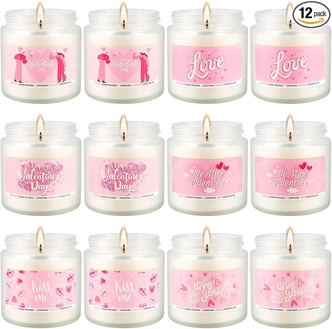 Valentine's Day Pink Scented Candles-12Pcs 3.5oz Each-Natural Plant Essential Oils & Cotton Wick, Aromatherapy Candle for Relaxing Stress Relief, Home Decor & Romantic Gifts for Her.
