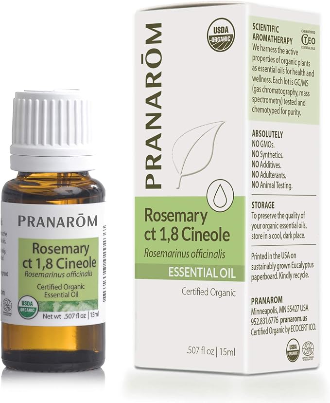 Pranarom USDA Certified Organic Rosemary Cineole Essential Oil (15ml), 100% Pure Undiluted Therapeutic Grade from Tunisia for Aromatherapy, Diffuser, Meditation, Massage, Relaxation