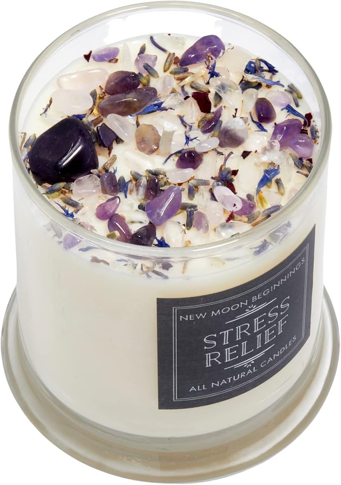 Stress Relief Candle by New Moon Beginnings - Lavender Scented Candle - Dried Flower & Crystal Candles - All Natural Essential Oil Soy Candle (12 Ounce Round Glass)