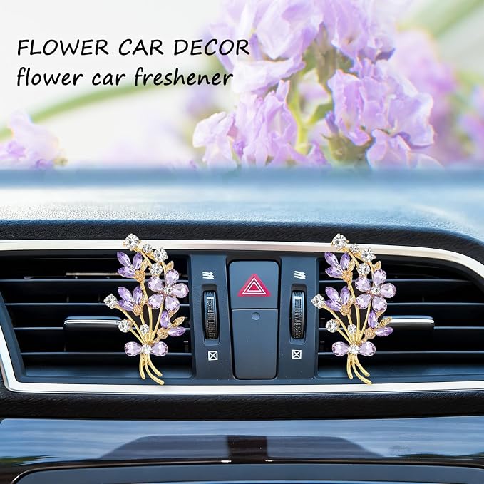 ORIESSE 2pcs Flower Car Vent Clips Car Air Freshener Bouquets Flower Purple Car Accessories for Women Rhinestone Flower Air Vent Clips Car Decor,Sparkling Refillable Car Diffuser