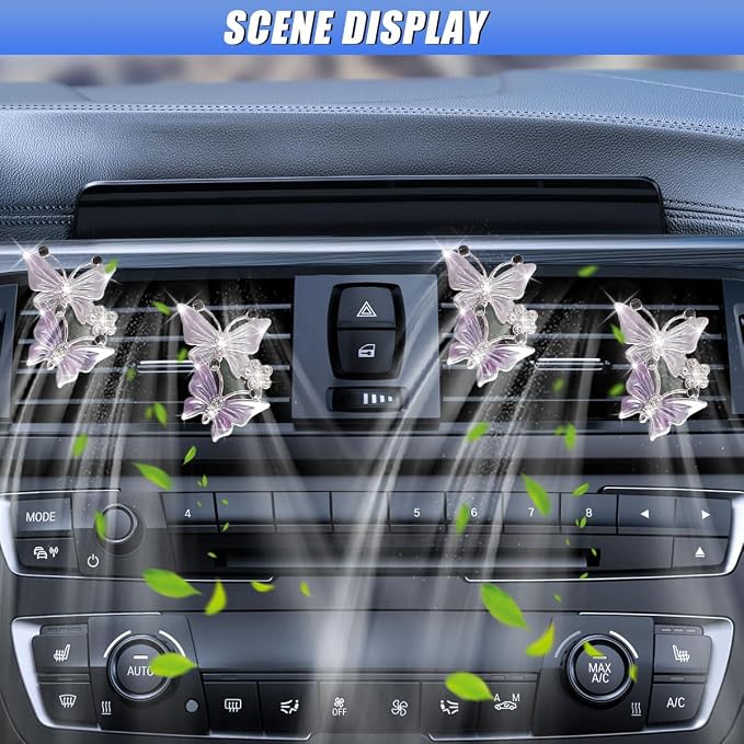 ZIMISI Car Vent Clip, Dual Butterfly Air Vent Clips, Bling Diamond Car Diffuser Clips, Cute Air Conditioning Outlet Decoration, Butterfly Car Accessories for Women (4Pcs/Purple)