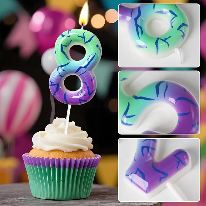 Number 8 Birthday Candle for Cake – Purple Green Gradient Number Candle with Mystic Rune Pattern, Decorative Cake Topper for Anniversary & Celebration