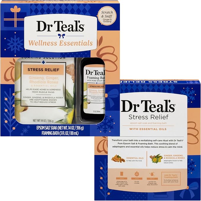 Dr Teal's Holiday Limited Edition Bath Gift Set | Epsom Salt Soak and Foaming Liquid, 14 oz Salt, 3 fl oz Bath (Citrus)